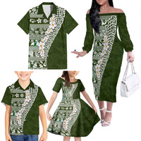 Hawaii Plumeria Tribal Vintage Family Matching Off The Shoulder Long Sleeve Dress and Hawaiian Shirt Special Green LT03 - Polynesian Pride