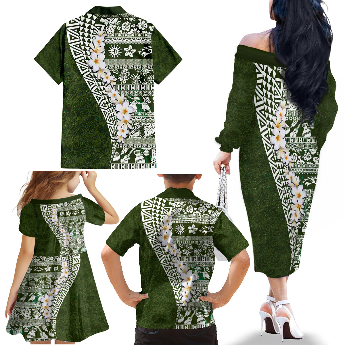 Hawaii Plumeria Tribal Vintage Family Matching Off The Shoulder Long Sleeve Dress and Hawaiian Shirt Special Green LT03 - Polynesian Pride