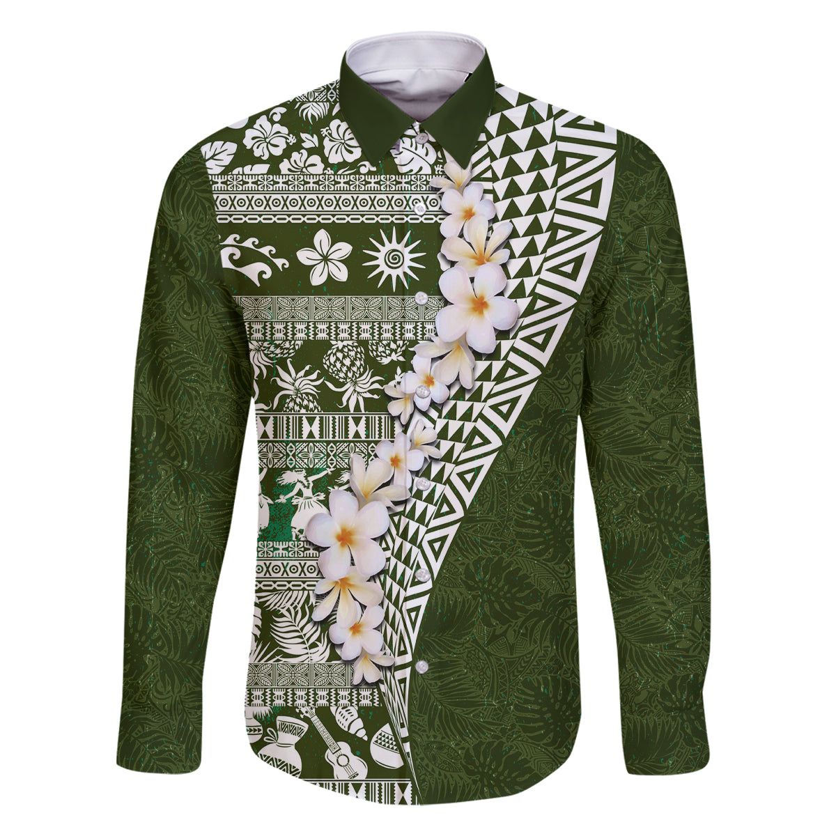 Hawaii Plumeria Tribal Vintage Family Matching Off The Shoulder Long Sleeve Dress and Hawaiian Shirt Special Green LT03 Dad's Shirt - Long Sleeve Green - Polynesian Pride