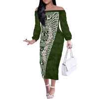 Hawaii Plumeria Tribal Vintage Family Matching Off The Shoulder Long Sleeve Dress and Hawaiian Shirt Special Green LT03 Mom's Dress Green - Polynesian Pride