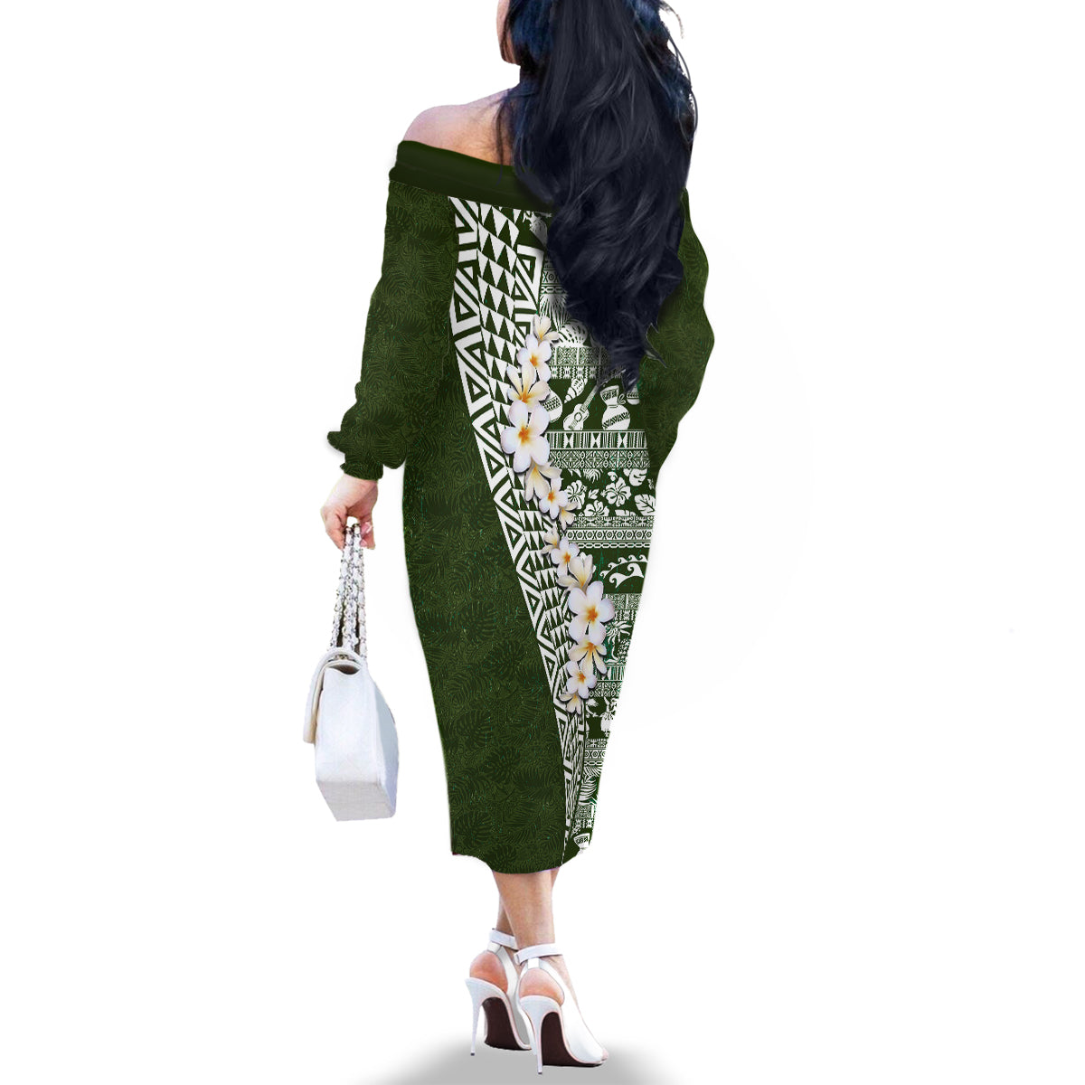 Hawaii Plumeria Tribal Vintage Family Matching Off The Shoulder Long Sleeve Dress and Hawaiian Shirt Special Green LT03 - Polynesian Pride