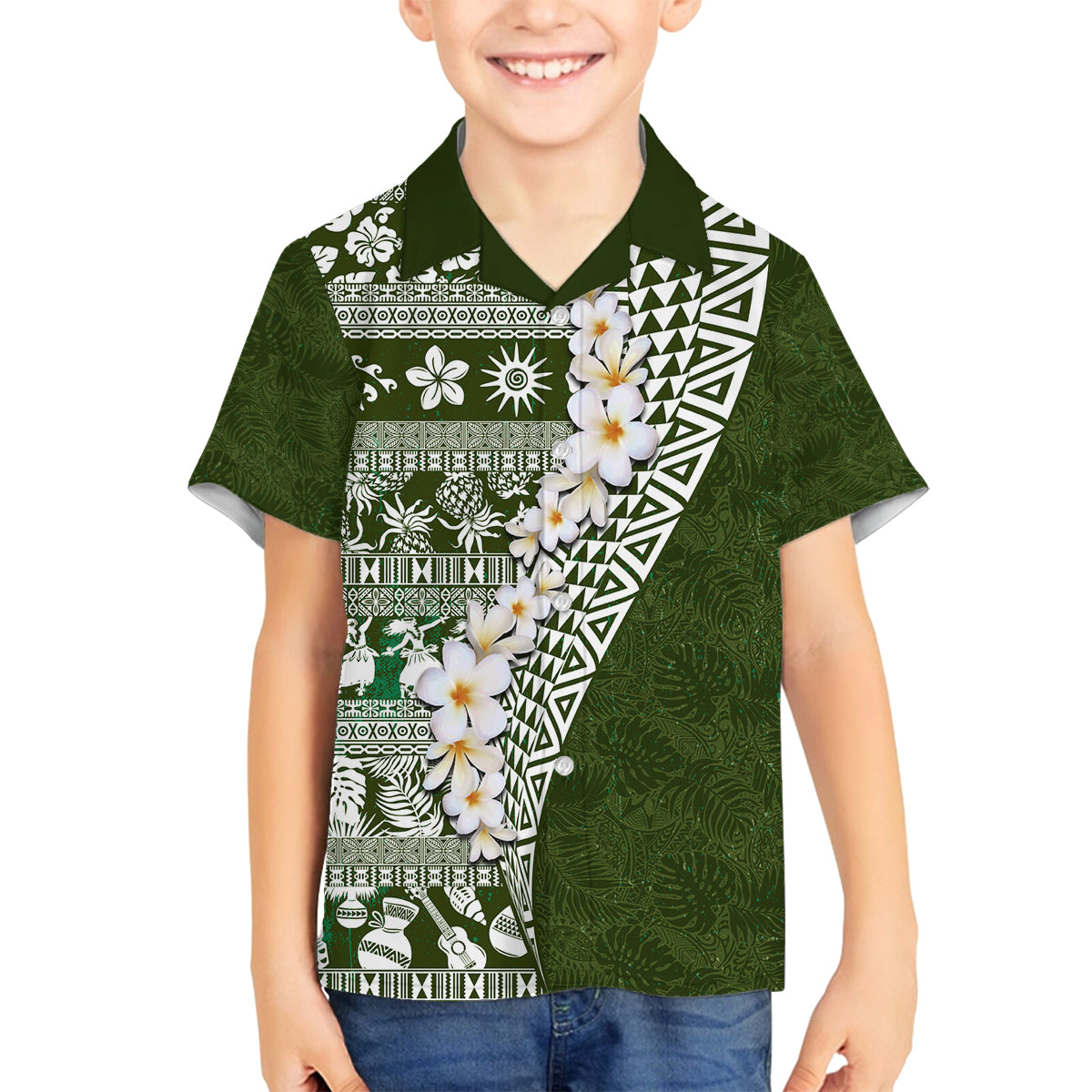 Hawaii Plumeria Tribal Vintage Family Matching Off The Shoulder Long Sleeve Dress and Hawaiian Shirt Special Green LT03 Son's Shirt Green - Polynesian Pride