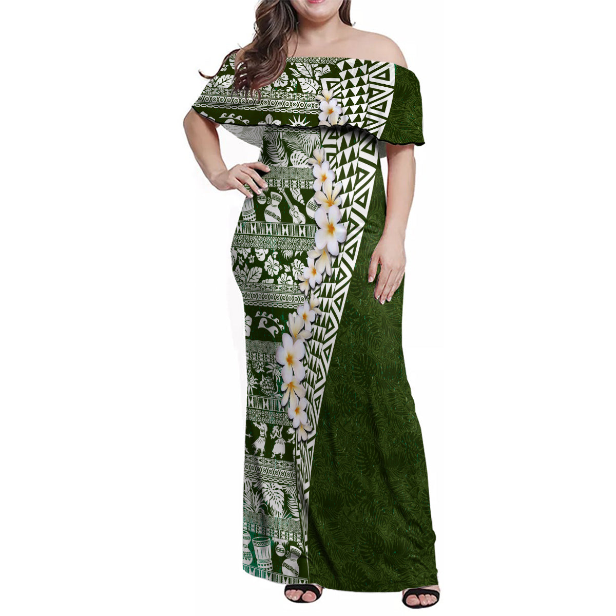 Hawaii Plumeria Tribal Vintage Family Matching Off Shoulder Maxi Dress and Hawaiian Shirt Special Green LT03 Mom's Dress Green - Polynesian Pride