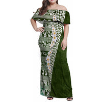 Hawaii Plumeria Tribal Vintage Family Matching Off Shoulder Maxi Dress and Hawaiian Shirt Special Green LT03 Mom's Dress Green - Polynesian Pride