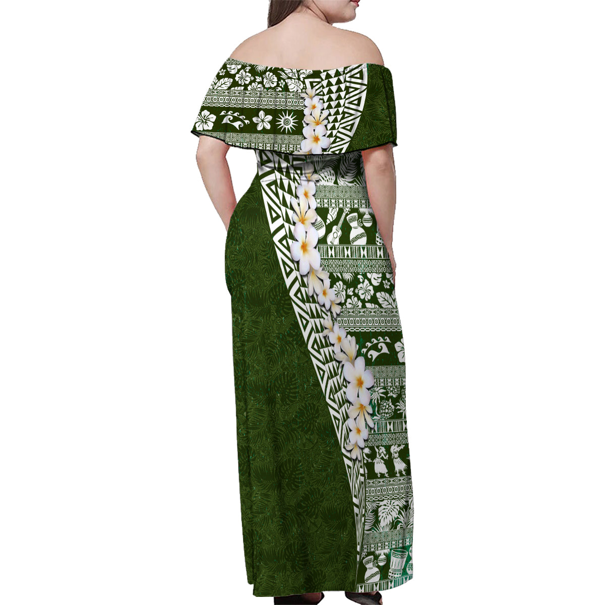 Hawaii Plumeria Tribal Vintage Family Matching Off Shoulder Maxi Dress and Hawaiian Shirt Special Green LT03 - Polynesian Pride