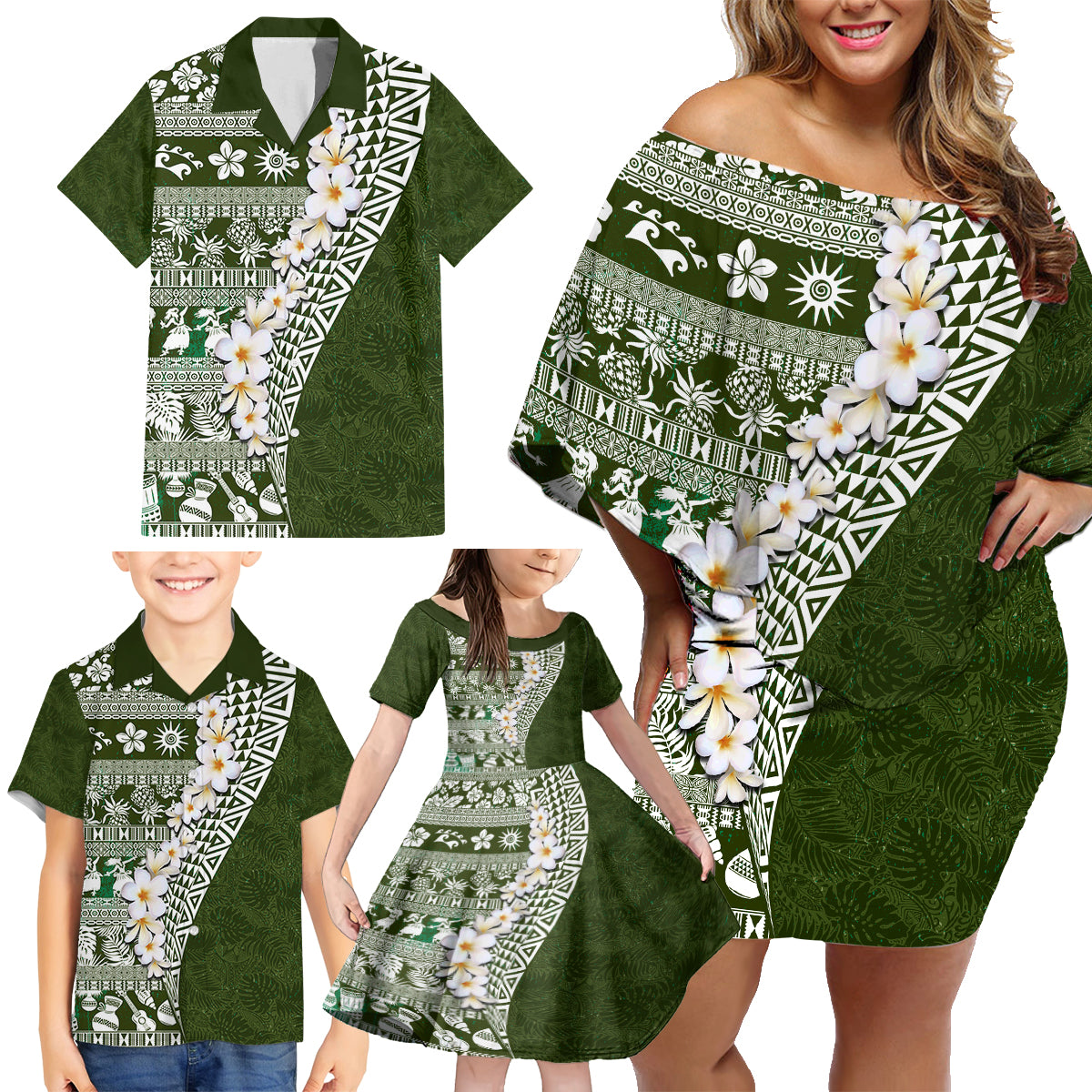 Hawaii Plumeria Tribal Vintage Family Matching Off Shoulder Short Dress and Hawaiian Shirt Special Green LT03 - Polynesian Pride