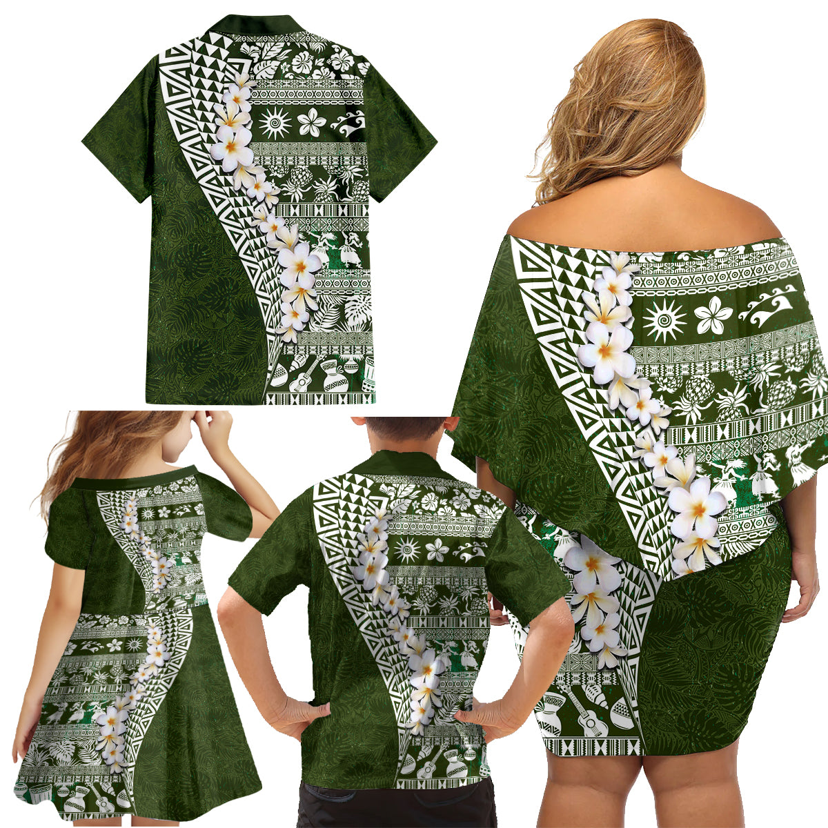 Hawaii Plumeria Tribal Vintage Family Matching Off Shoulder Short Dress and Hawaiian Shirt Special Green LT03 - Polynesian Pride