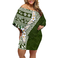 Hawaii Plumeria Tribal Vintage Family Matching Off Shoulder Short Dress and Hawaiian Shirt Special Green LT03 Mom's Dress Green - Polynesian Pride