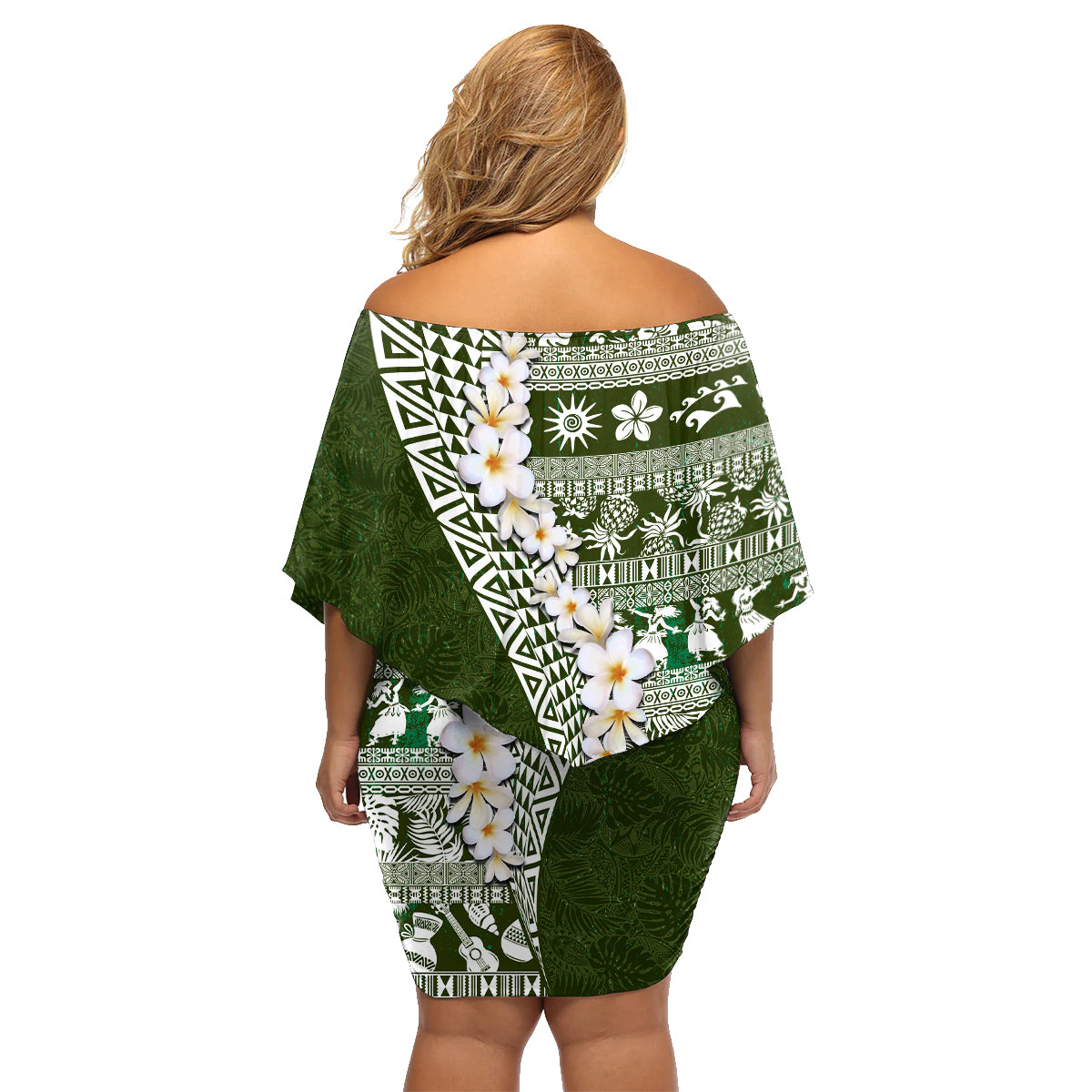 Hawaii Plumeria Tribal Vintage Family Matching Off Shoulder Short Dress and Hawaiian Shirt Special Green LT03 - Polynesian Pride