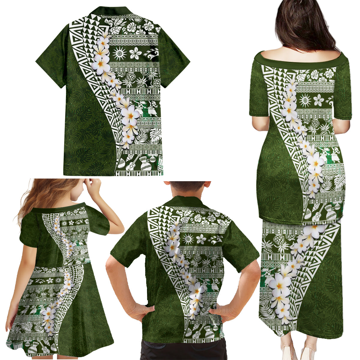 Hawaii Plumeria Tribal Vintage Family Matching Puletasi and Hawaiian Shirt Special Green LT03 - Polynesian Pride