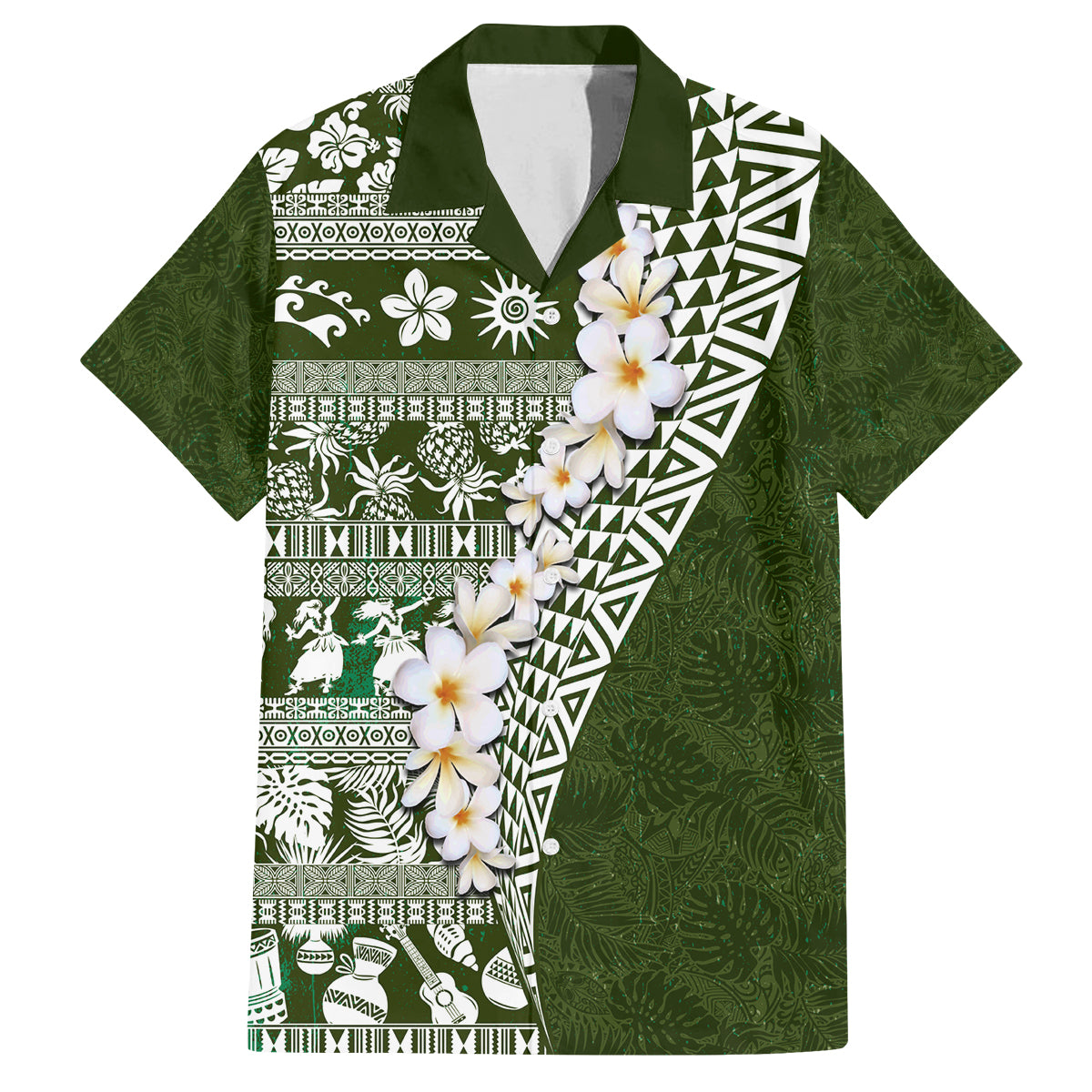 Hawaii Plumeria Tribal Vintage Family Matching Puletasi and Hawaiian Shirt Special Green LT03 Dad's Shirt - Short Sleeve Green - Polynesian Pride