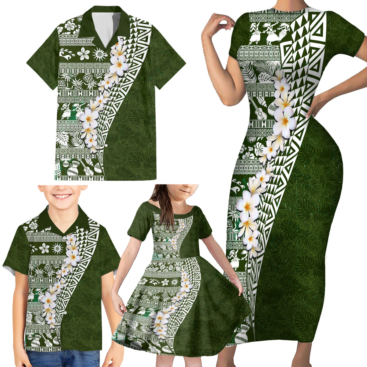 Hawaii Plumeria Tribal Vintage Family Matching Short Sleeve Bodycon Dress and Hawaiian Shirt Special Green LT03 - Polynesian Pride