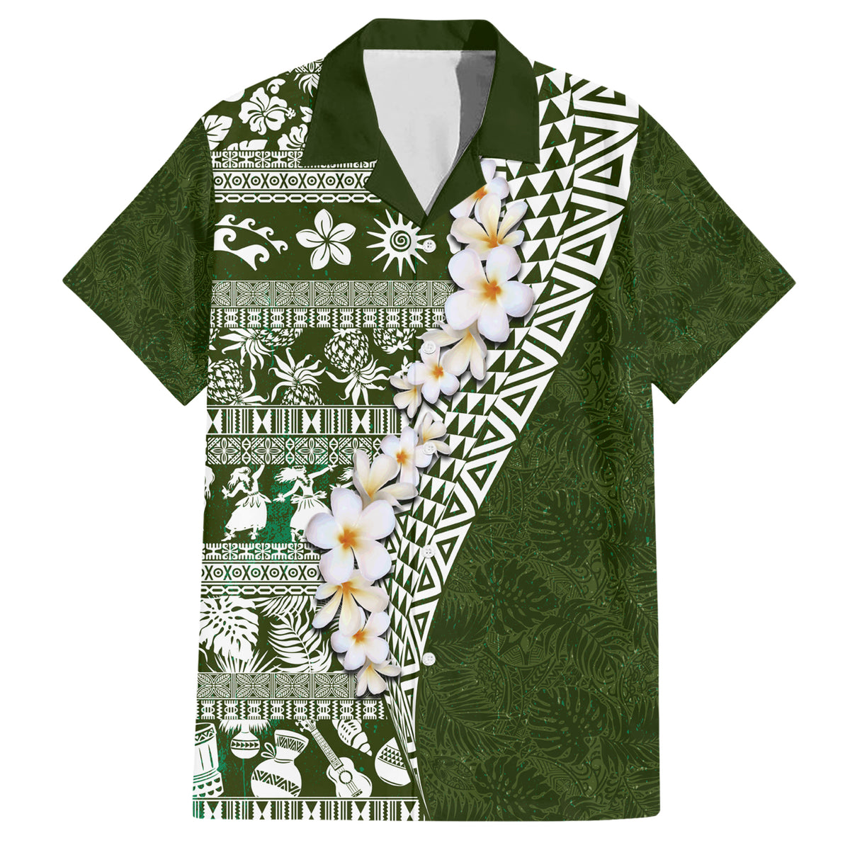 Hawaii Plumeria Tribal Vintage Family Matching Short Sleeve Bodycon Dress and Hawaiian Shirt Special Green LT03 Dad's Shirt - Short Sleeve Green - Polynesian Pride