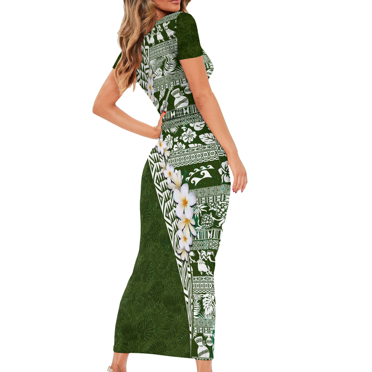 Hawaii Plumeria Tribal Vintage Family Matching Short Sleeve Bodycon Dress and Hawaiian Shirt Special Green LT03 - Polynesian Pride
