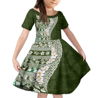 Hawaii Plumeria Tribal Vintage Family Matching Summer Maxi Dress and Hawaiian Shirt Special Green LT03 Daughter's Dress Green - Polynesian Pride