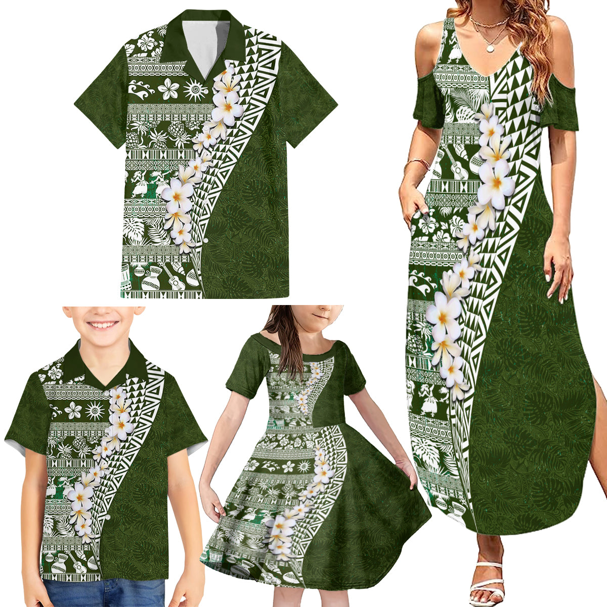 Hawaii Plumeria Tribal Vintage Family Matching Summer Maxi Dress and Hawaiian Shirt Special Green LT03 - Polynesian Pride