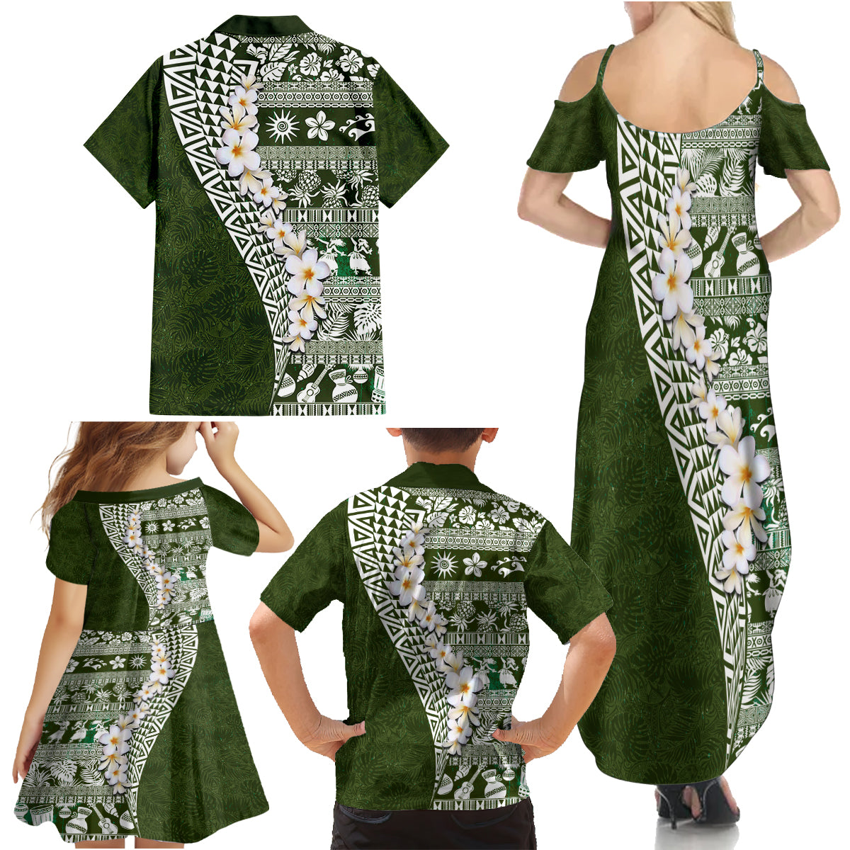Hawaii Plumeria Tribal Vintage Family Matching Summer Maxi Dress and Hawaiian Shirt Special Green LT03 - Polynesian Pride