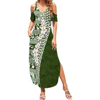 Hawaii Plumeria Tribal Vintage Family Matching Summer Maxi Dress and Hawaiian Shirt Special Green LT03 Mom's Dress Green - Polynesian Pride