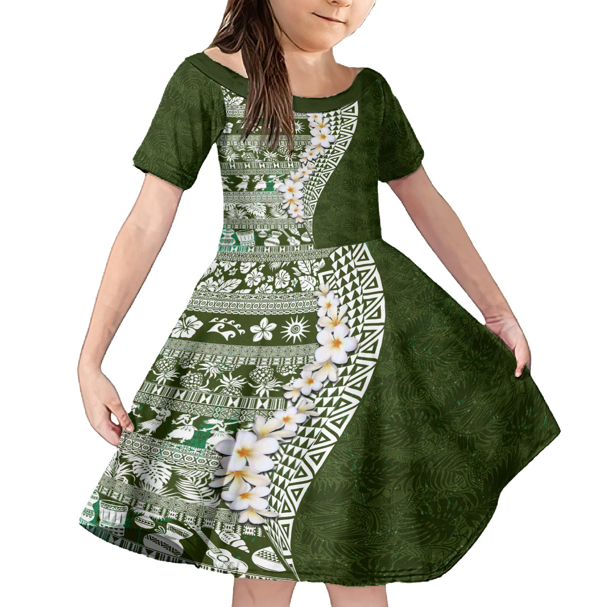 Hawaii Plumeria Tribal Vintage Family Matching Tank Maxi Dress and Hawaiian Shirt Special Green LT03 Daughter's Dress Green - Polynesian Pride