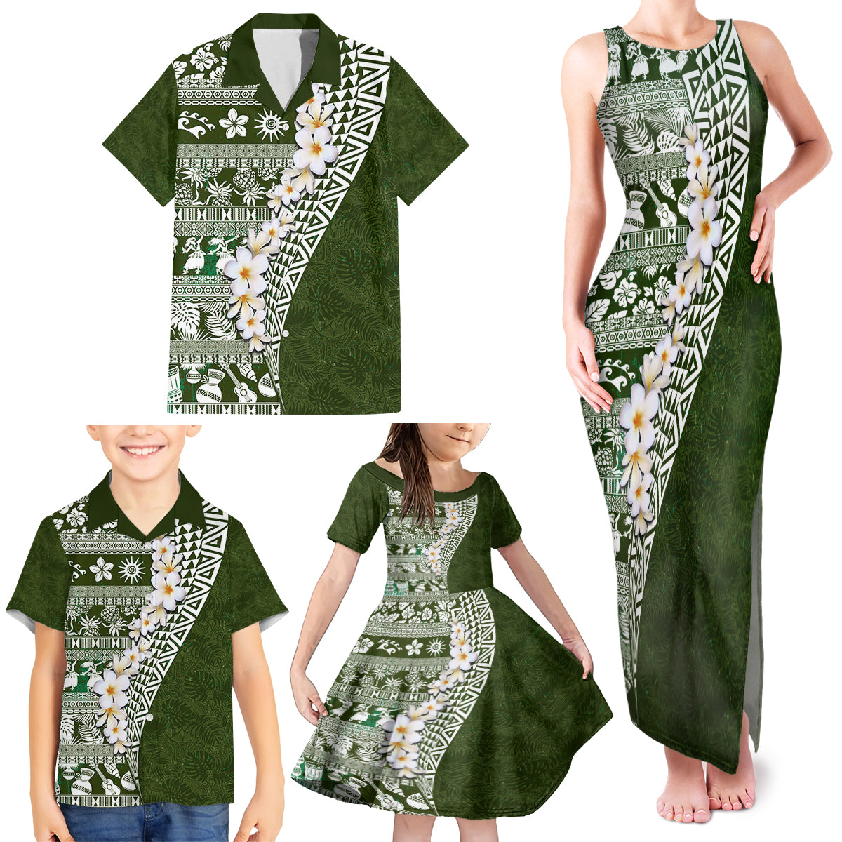 Hawaii Plumeria Tribal Vintage Family Matching Tank Maxi Dress and Hawaiian Shirt Special Green LT03 - Polynesian Pride