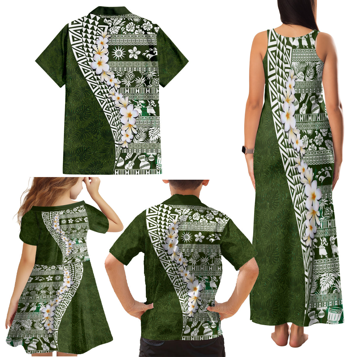 Hawaii Plumeria Tribal Vintage Family Matching Tank Maxi Dress and Hawaiian Shirt Special Green LT03 - Polynesian Pride
