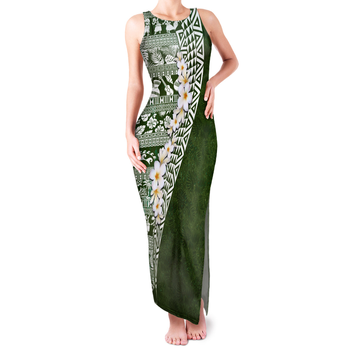 Hawaii Plumeria Tribal Vintage Family Matching Tank Maxi Dress and Hawaiian Shirt Special Green LT03 Mom's Dress Green - Polynesian Pride