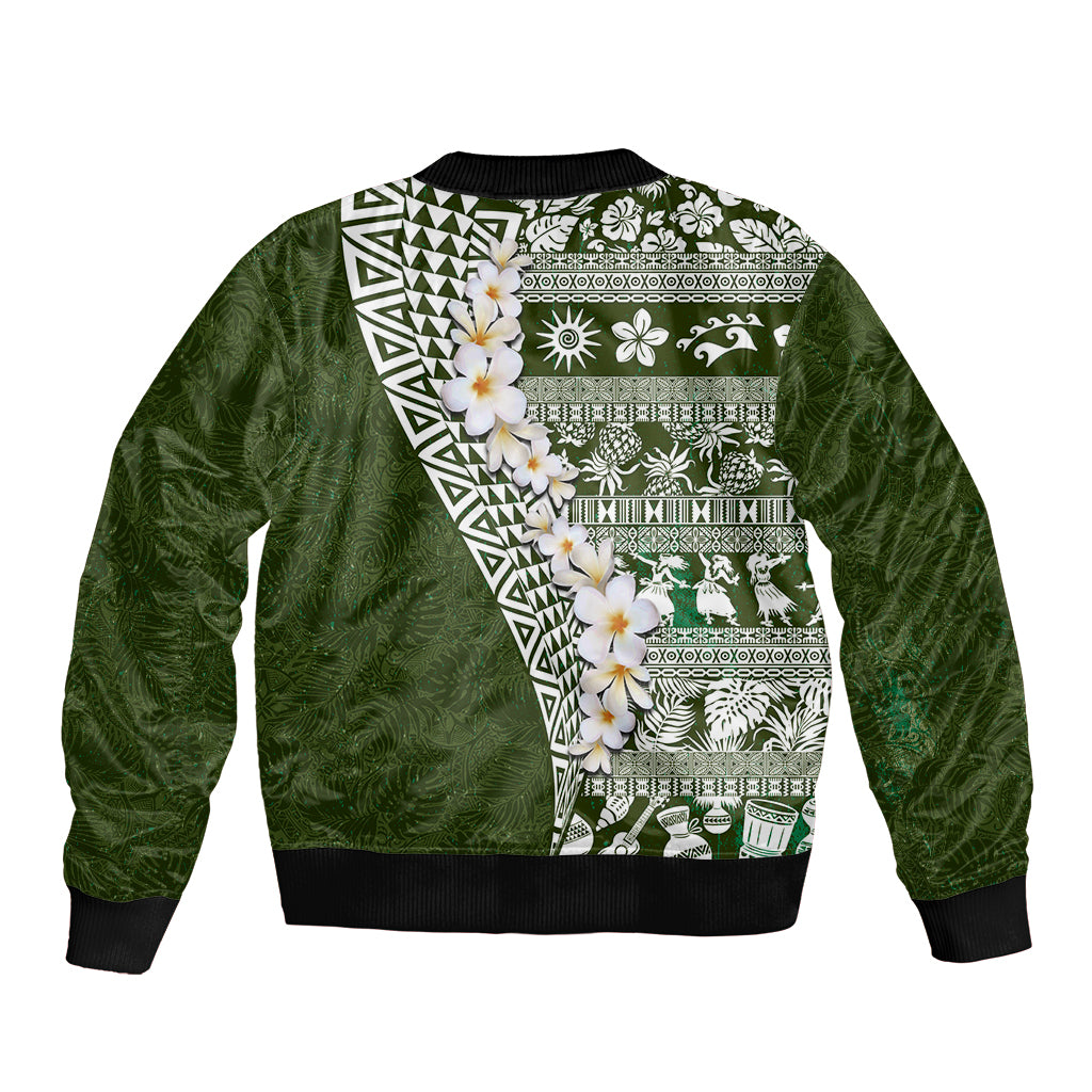 Hawaii Plumeria Tribal Vintage Sleeve Zip Bomber Jacket Special Green