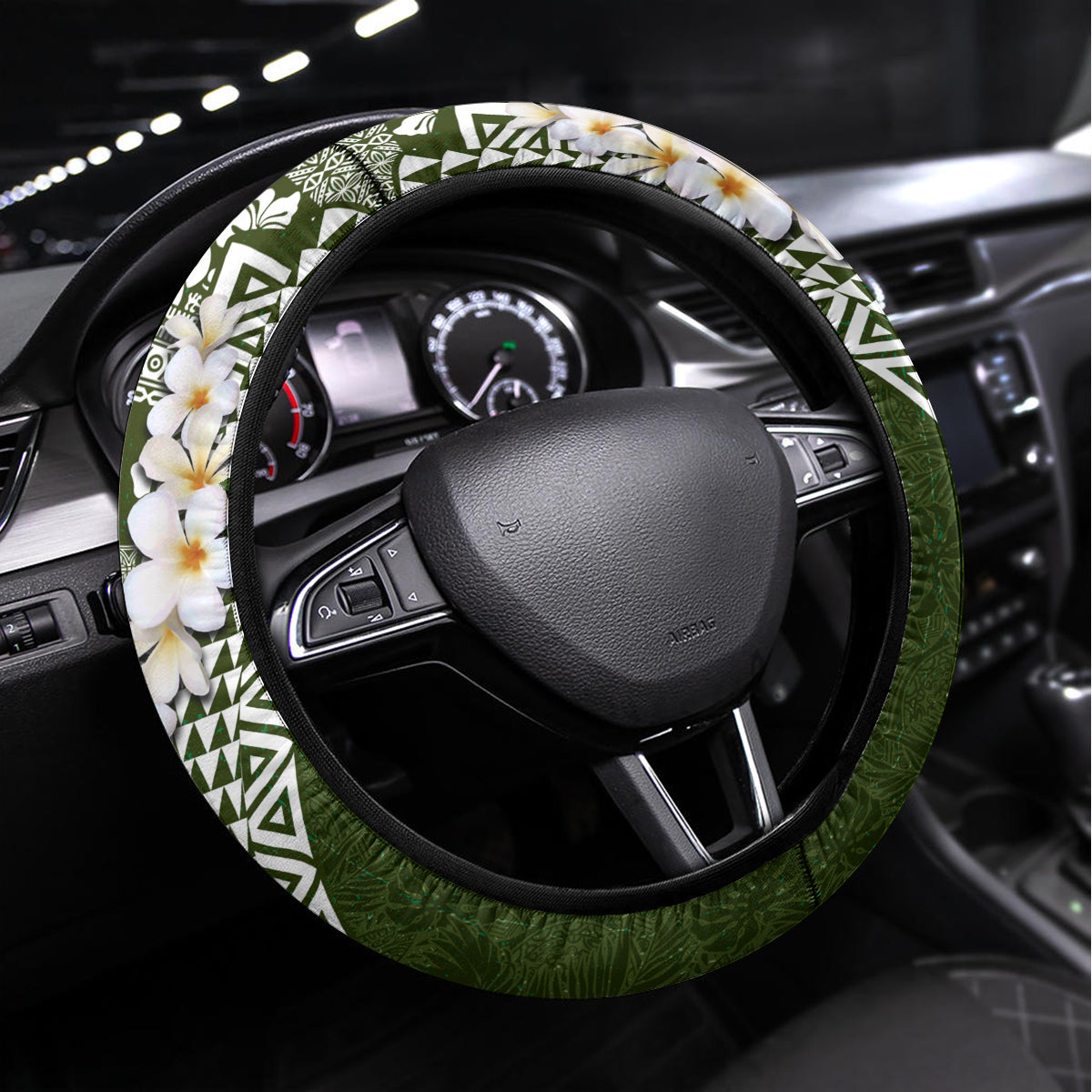 Hawaii Plumeria Tribal Vintage Steering Wheel Cover Special Green LT03 Universal Fit Green - Polynesian Pride