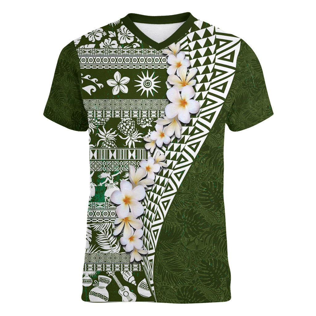 Hawaii Plumeria Tribal Vintage Women V Neck T Shirt Special Green