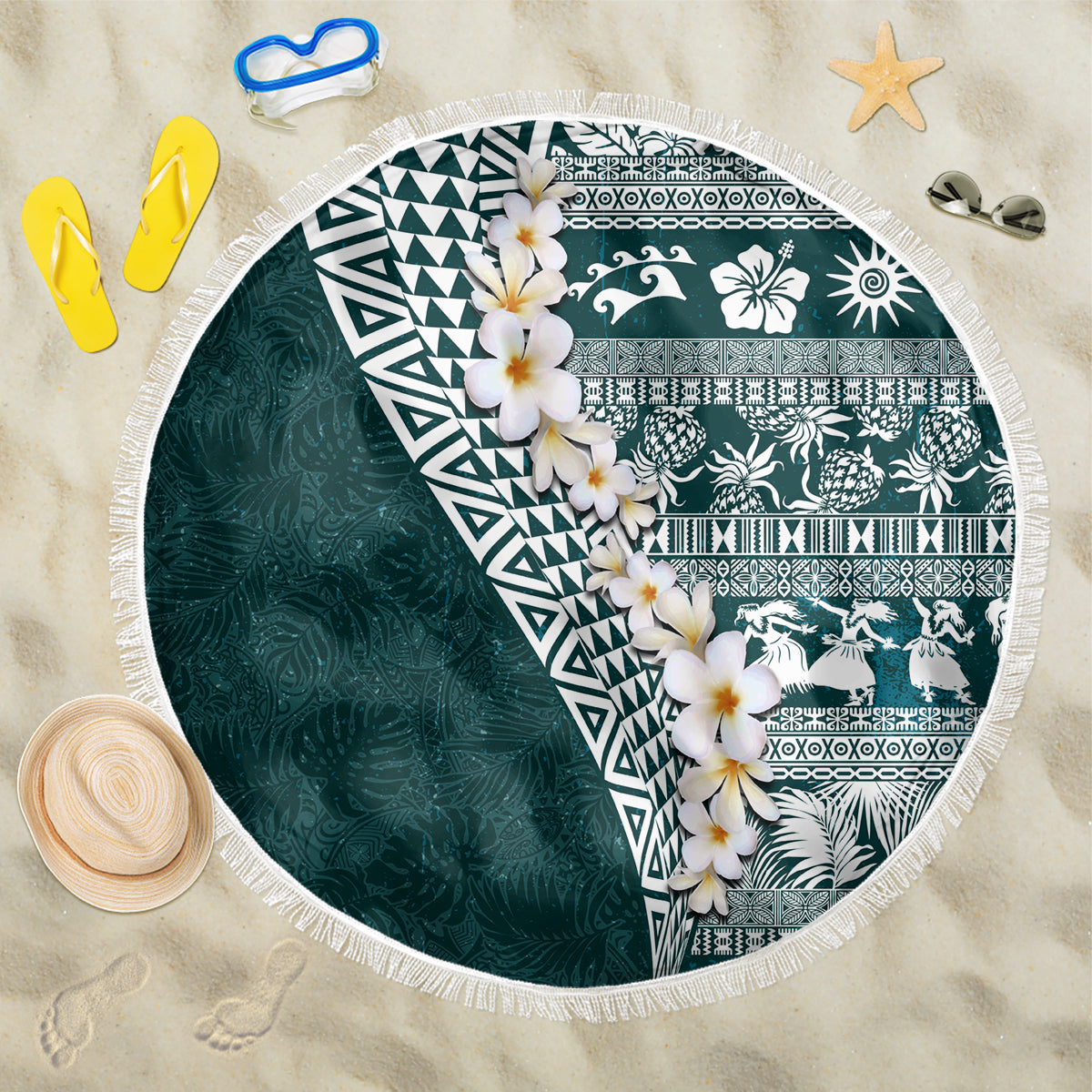 Hawaii Plumeria Tribal Vintage Beach Blanket Special Turquoise