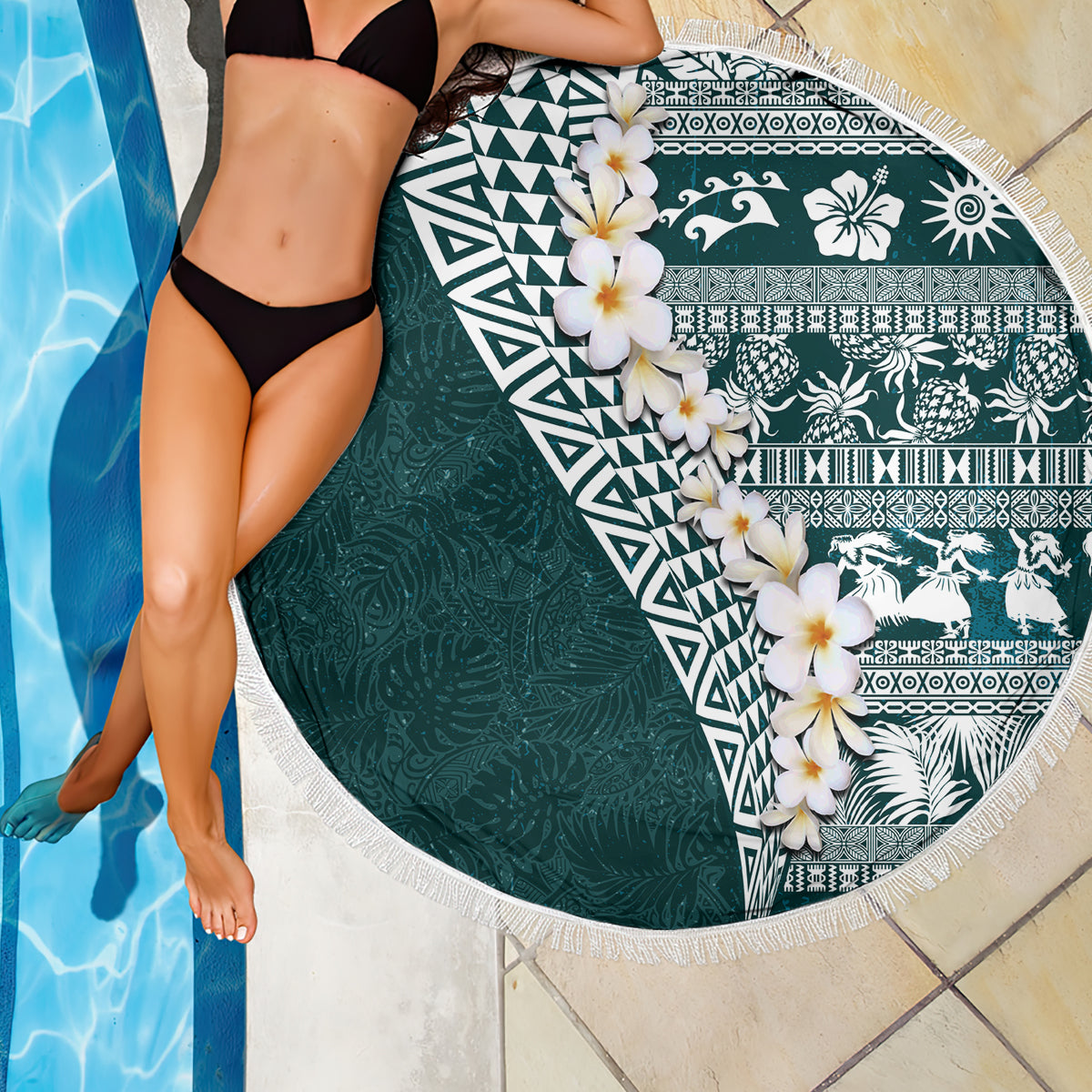 Hawaii Plumeria Tribal Vintage Beach Blanket Special Turquoise LT03 - Polynesian Pride