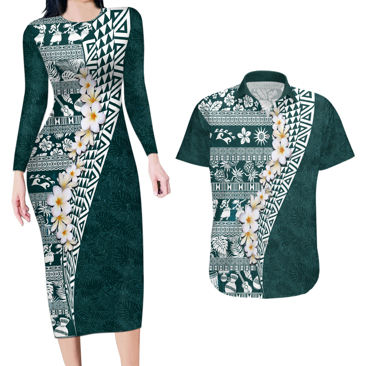 Hawaii Plumeria Tribal Vintage Couples Matching Long Sleeve Bodycon Dress and Hawaiian Shirt Special Turquoise LT03 Turquoise - Polynesian Pride