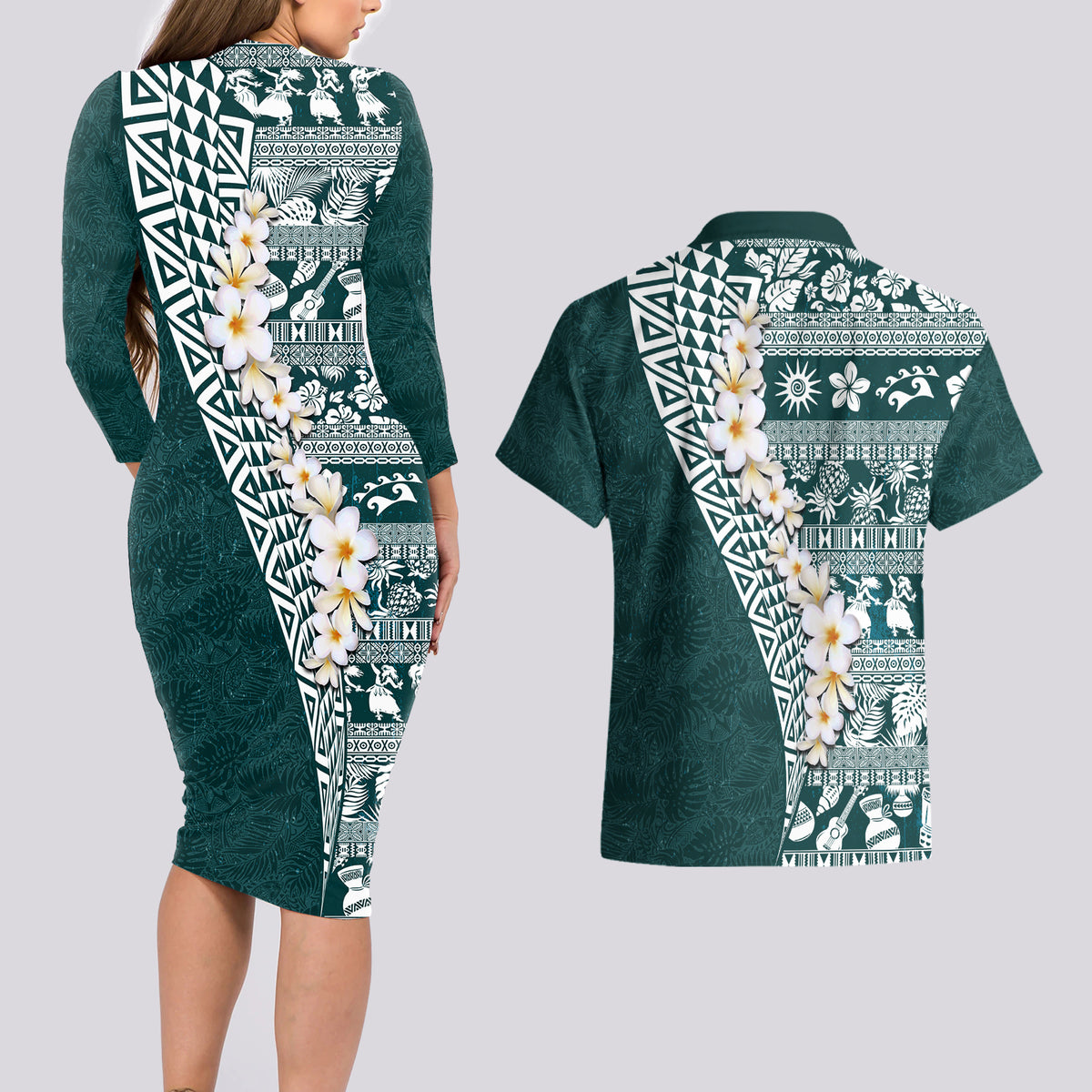 Hawaii Plumeria Tribal Vintage Couples Matching Long Sleeve Bodycon Dress and Hawaiian Shirt Special Turquoise LT03 - Polynesian Pride