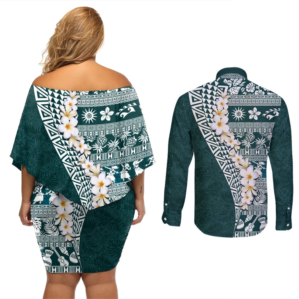 Hawaii Plumeria Tribal Vintage Couples Matching Off Shoulder Short Dress and Long Sleeve Button Shirt Special Turquoise LT03 - Polynesian Pride