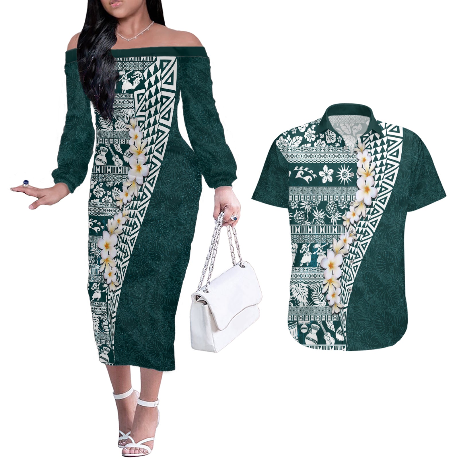 Hawaii Plumeria Tribal Vintage Couples Matching Off The Shoulder Long Sleeve Dress and Hawaiian Shirt Special Turquoise
