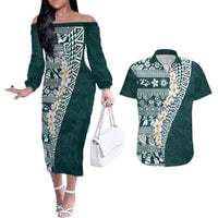 Hawaii Plumeria Tribal Vintage Couples Matching Off The Shoulder Long Sleeve Dress and Hawaiian Shirt Special Turquoise LT03 Turquoise - Polynesian Pride