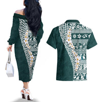 Hawaii Plumeria Tribal Vintage Couples Matching Off The Shoulder Long Sleeve Dress and Hawaiian Shirt Special Turquoise LT03 - Polynesian Pride