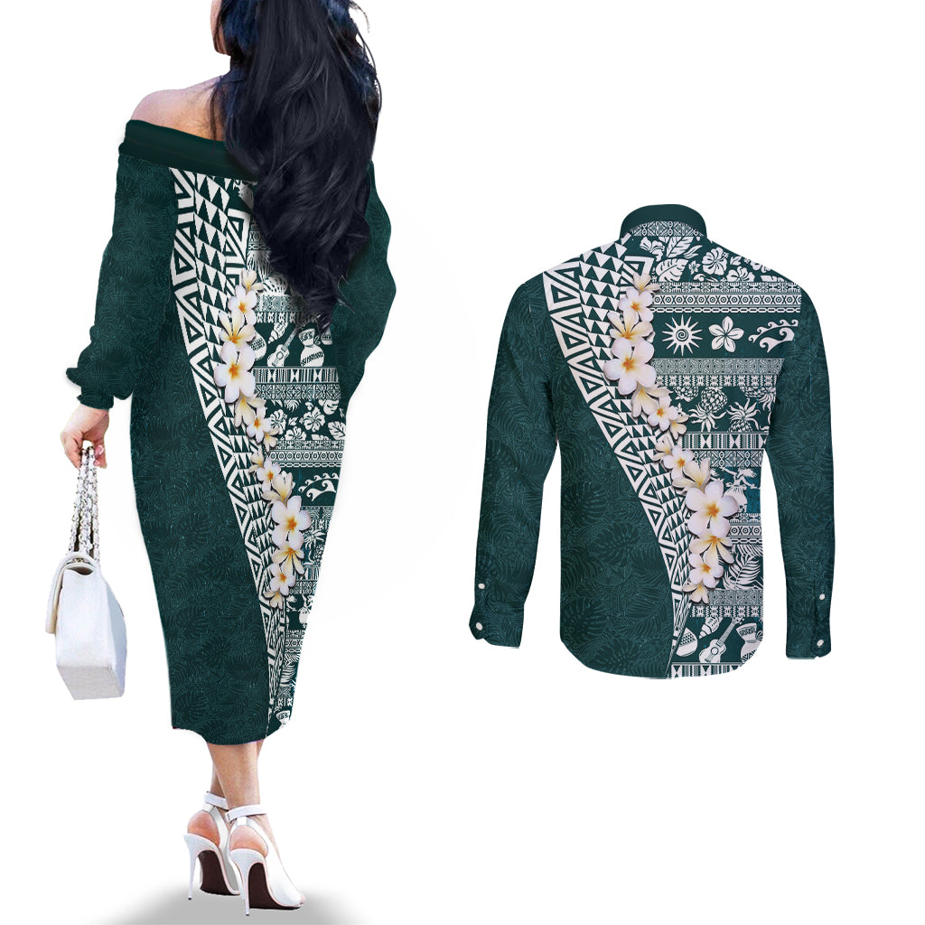 Hawaii Plumeria Tribal Vintage Couples Matching Off The Shoulder Long Sleeve Dress and Long Sleeve Button Shirt Special Turquoise LT03 - Polynesian Pride