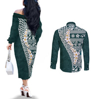 Hawaii Plumeria Tribal Vintage Couples Matching Off The Shoulder Long Sleeve Dress and Long Sleeve Button Shirt Special Turquoise LT03 - Polynesian Pride
