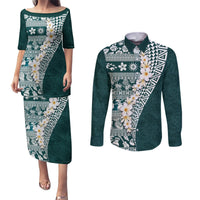 Hawaii Plumeria Tribal Vintage Couples Matching Puletasi and Long Sleeve Button Shirt Special Turquoise