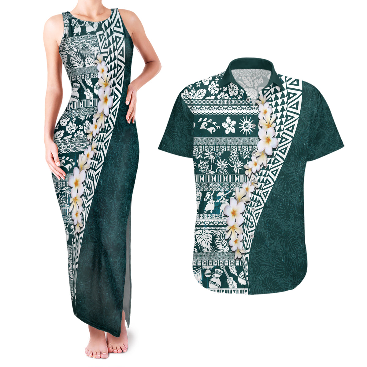 Hawaii Plumeria Tribal Vintage Couples Matching Tank Maxi Dress and Hawaiian Shirt Special Turquoise LT03 Turquoise - Polynesian Pride