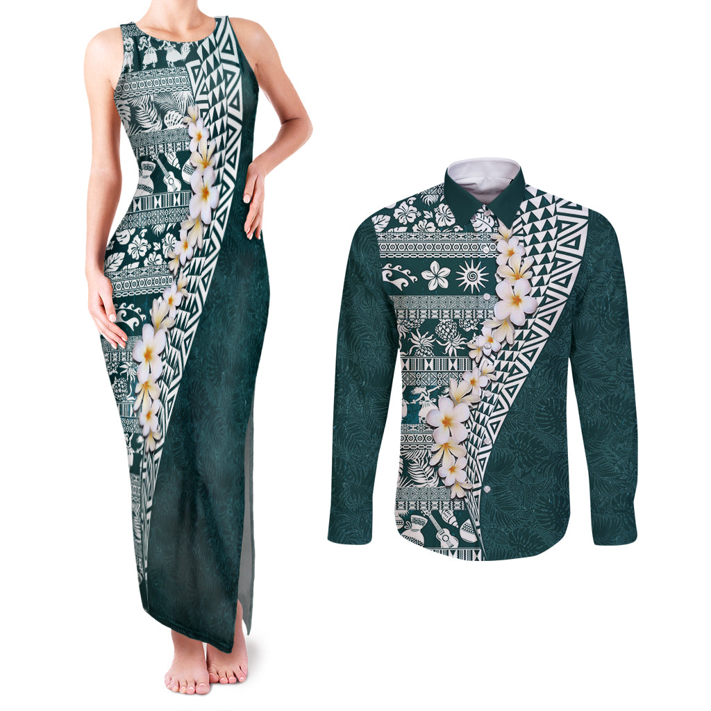 Hawaii Plumeria Tribal Vintage Couples Matching Tank Maxi Dress and Long Sleeve Button Shirt Special Turquoise