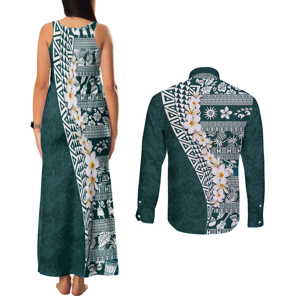 Hawaii Plumeria Tribal Vintage Couples Matching Tank Maxi Dress and Long Sleeve Button Shirt Special Turquoise