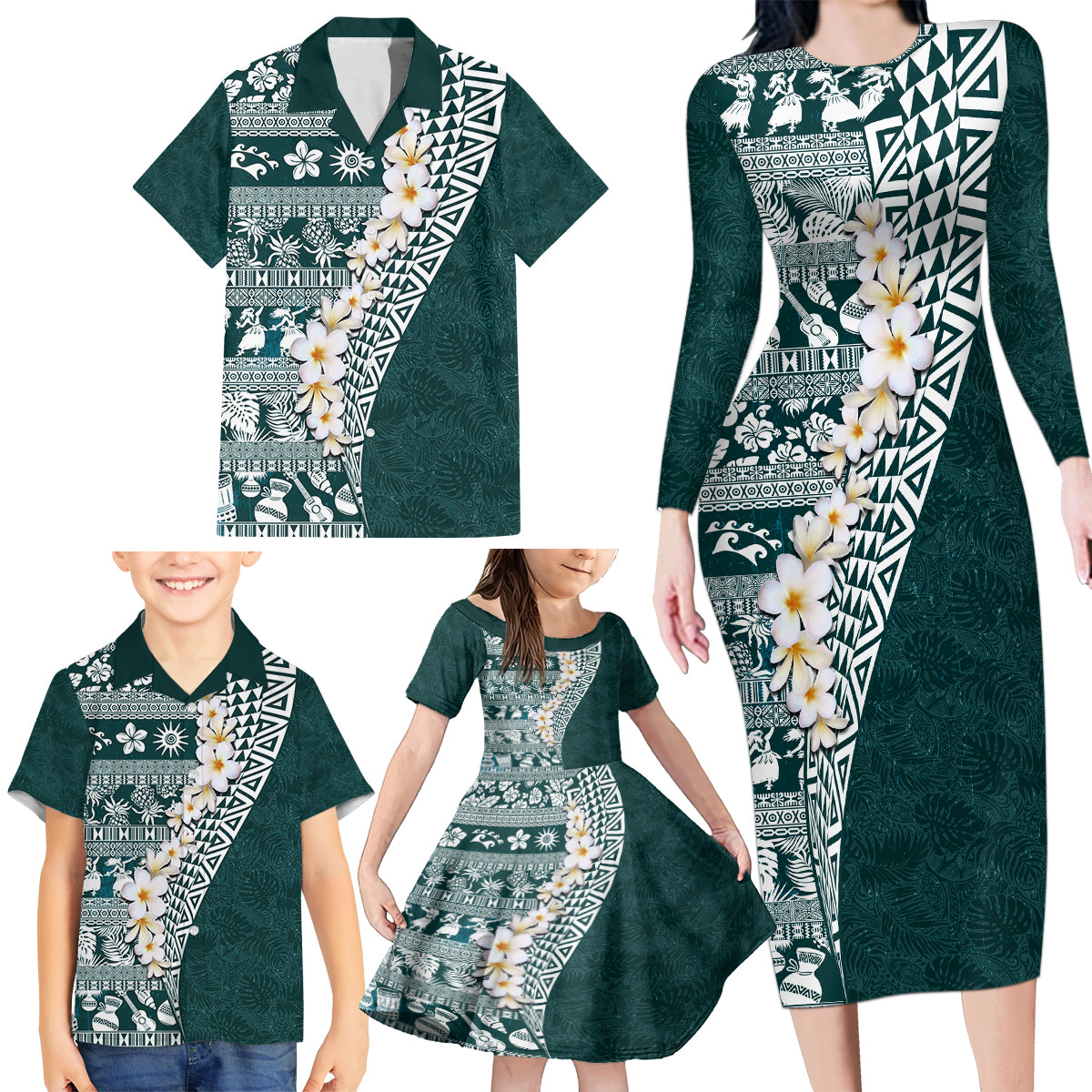 Hawaii Plumeria Tribal Vintage Family Matching Long Sleeve Bodycon Dress and Hawaiian Shirt Special Turquoise LT03 - Polynesian Pride