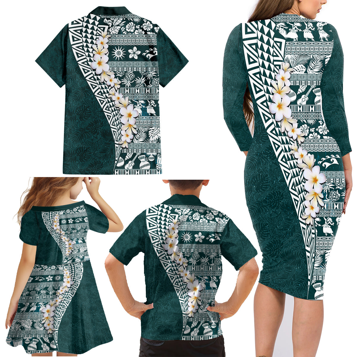 Hawaii Plumeria Tribal Vintage Family Matching Long Sleeve Bodycon Dress and Hawaiian Shirt Special Turquoise LT03 - Polynesian Pride