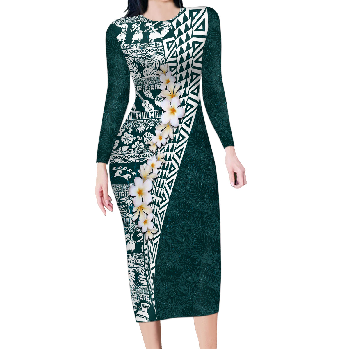 Hawaii Plumeria Tribal Vintage Family Matching Long Sleeve Bodycon Dress and Hawaiian Shirt Special Turquoise LT03 Mom's Dress Turquoise - Polynesian Pride