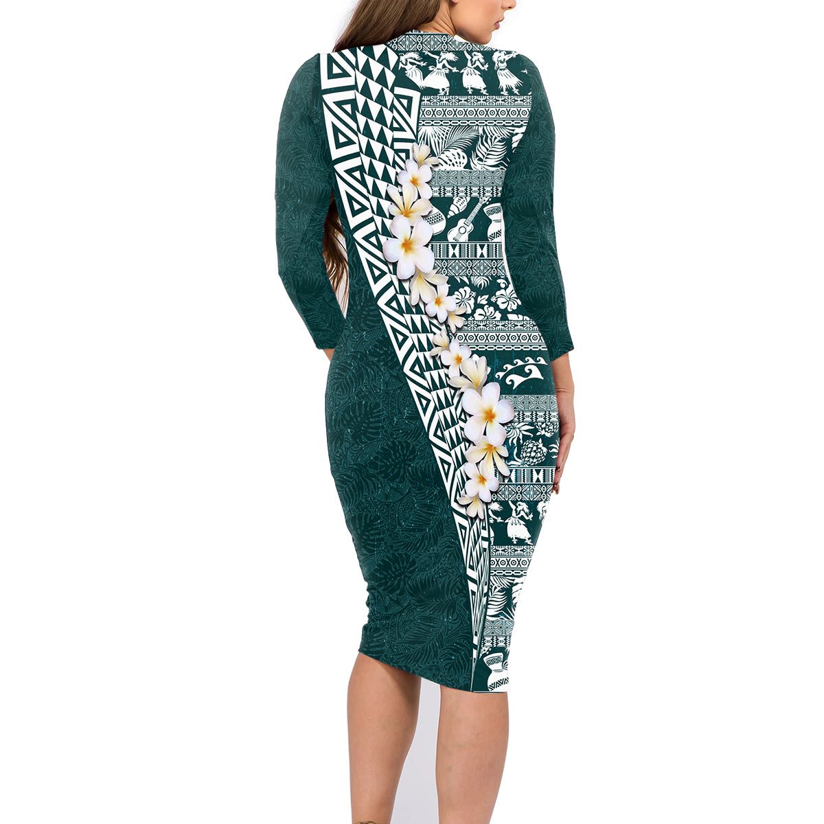 Hawaii Plumeria Tribal Vintage Family Matching Long Sleeve Bodycon Dress and Hawaiian Shirt Special Turquoise LT03 - Polynesian Pride