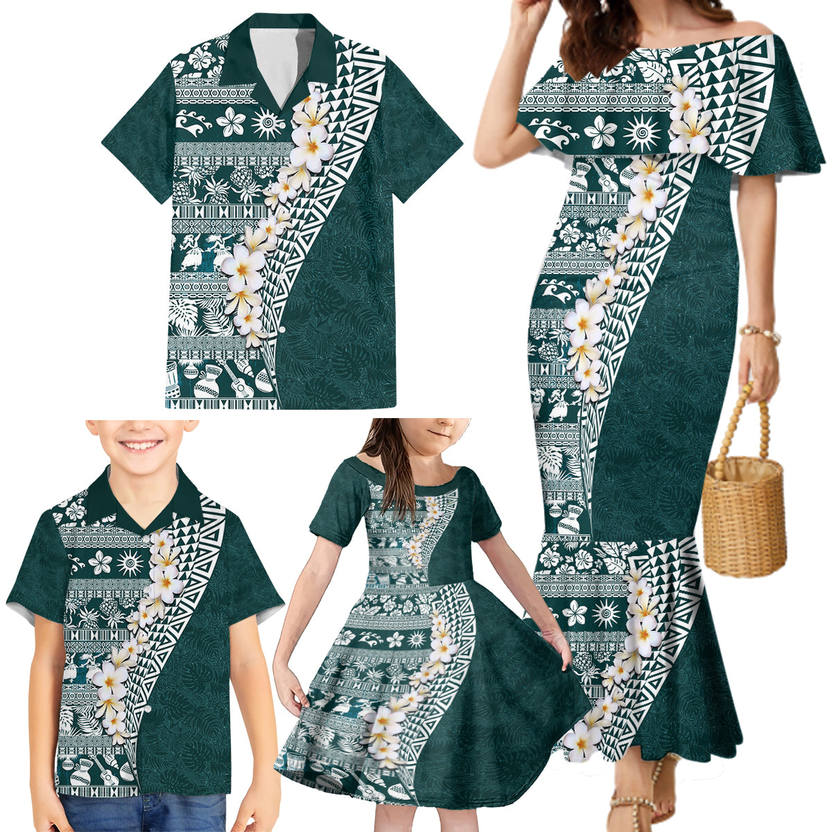 Hawaii Plumeria Tribal Vintage Family Matching Mermaid Dress and Hawaiian Shirt Special Turquoise LT03 - Polynesian Pride