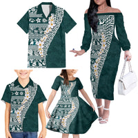 Hawaii Plumeria Tribal Vintage Family Matching Off The Shoulder Long Sleeve Dress and Hawaiian Shirt Special Turquoise LT03 - Polynesian Pride