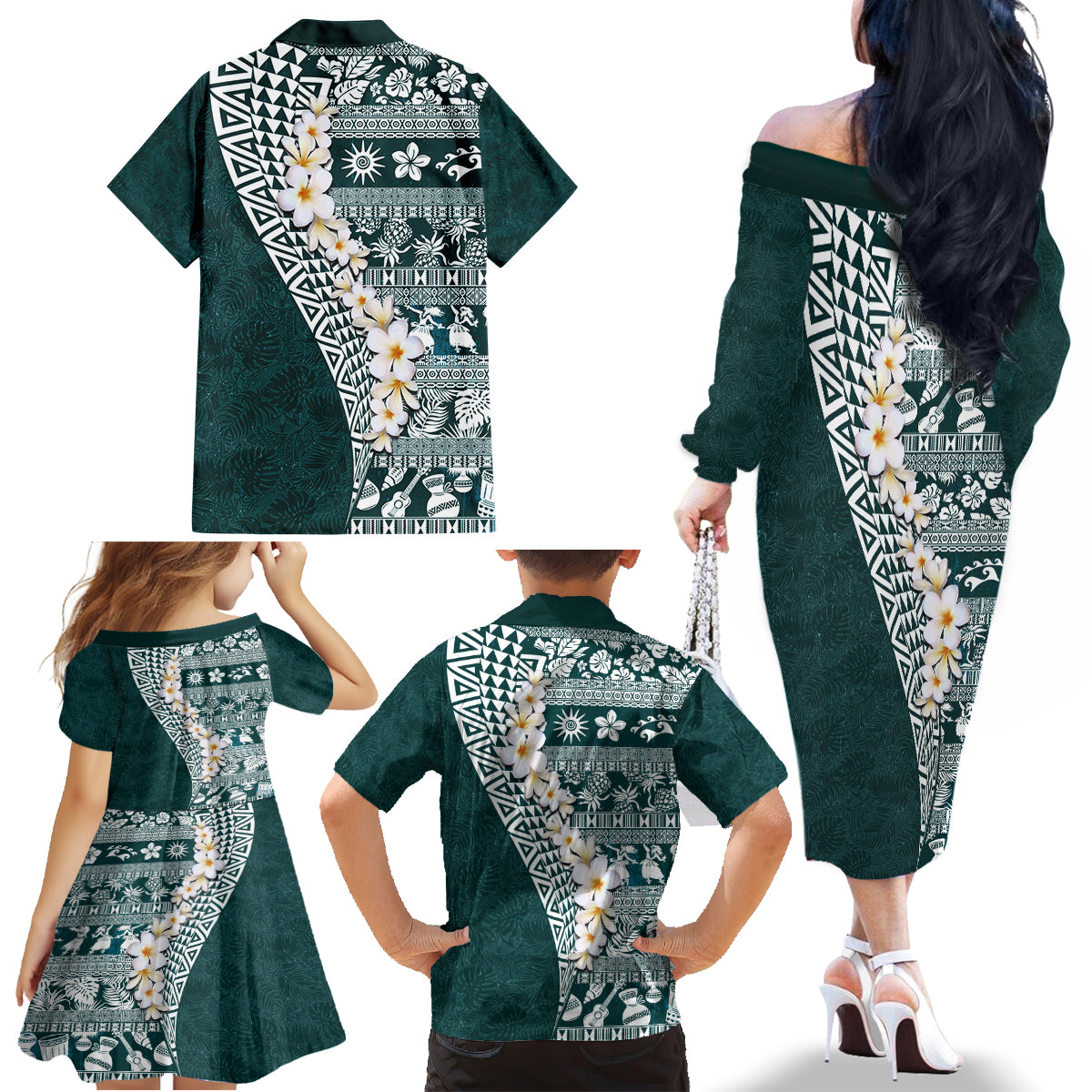 Hawaii Plumeria Tribal Vintage Family Matching Off The Shoulder Long Sleeve Dress and Hawaiian Shirt Special Turquoise LT03 - Polynesian Pride